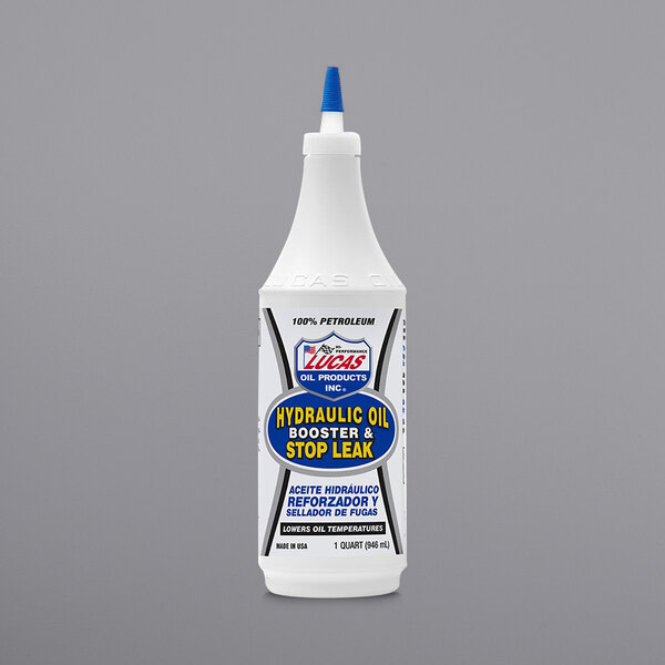 A white bottle of Lucas Oil Hydraulic Oil Booster and Stop Leak with a blue label.