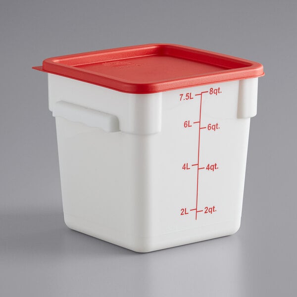 A white square Choice food storage container with red lid.