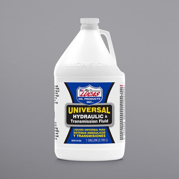 A white plastic jug of Lucas Oil Universal Hydraulic Fluid with a blue and white label.