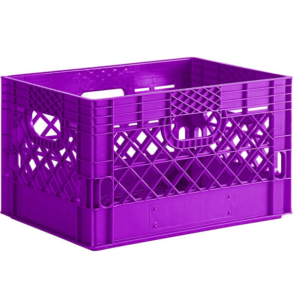 A violet plastic rectangular milk crate with handles.