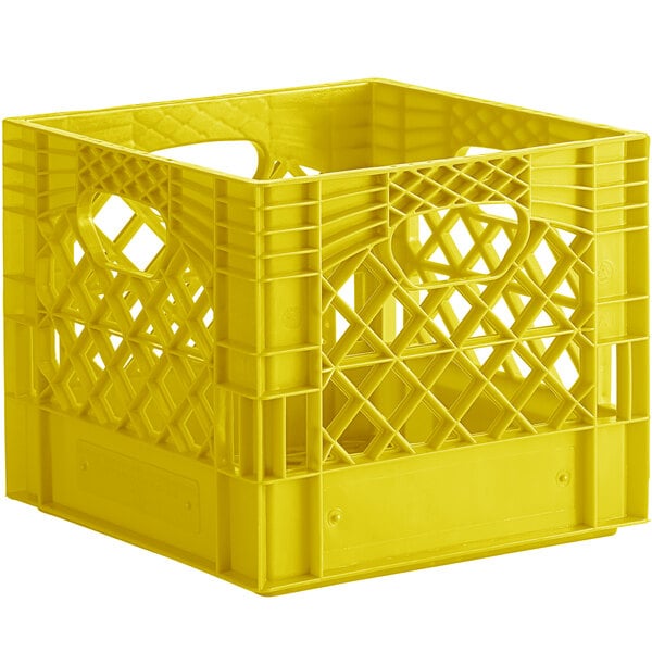 A yellow plastic customizable milk crate with handles.