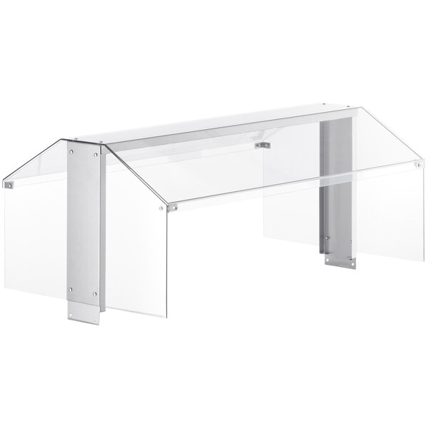 An Avantco sneeze guard canopy with clear plastic shelves and a clear cover.