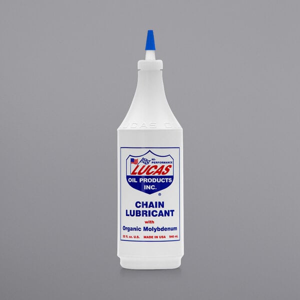 A white plastic container of Lucas Oil Chain Lubricant with a white label and blue cap.