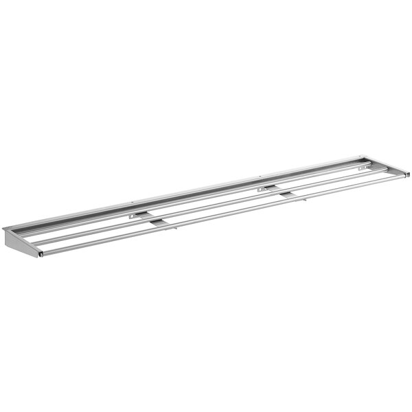 A stainless steel single tray slide with three metal bars.