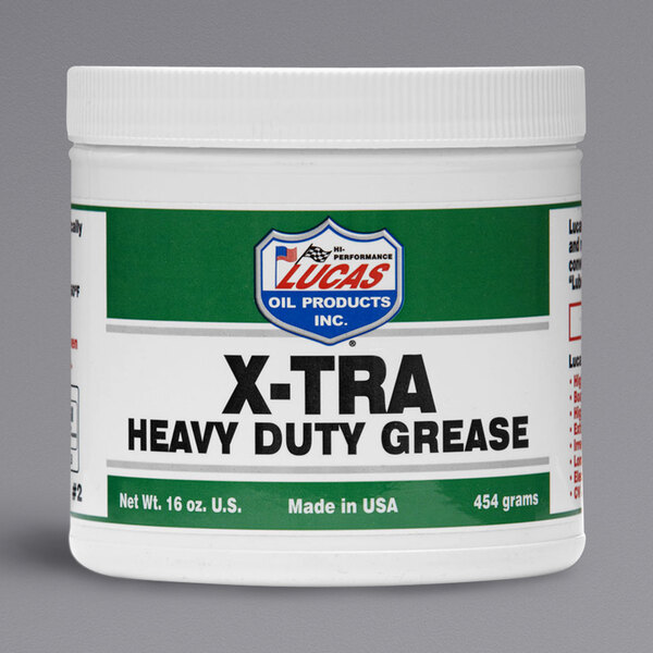 A white Lucas Oil tub with a green label for xtra heavy duty grease.