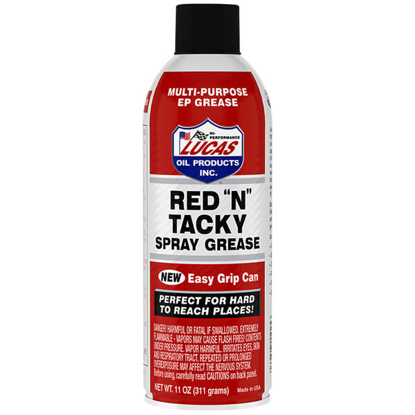 A Lucas Oil Red N Tacky Aerosol can with a red label and black cap.