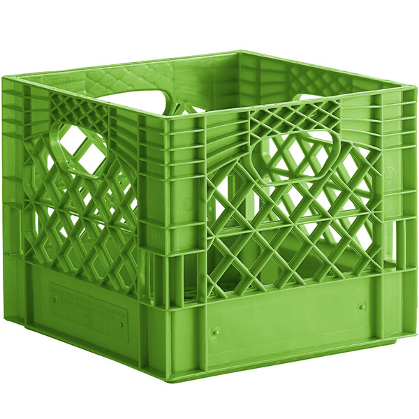 A lime green plastic milk crate with holes and handles.