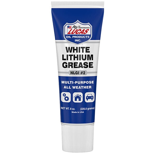 A white and blue tube of Lucas Oil White Lithium Grease.