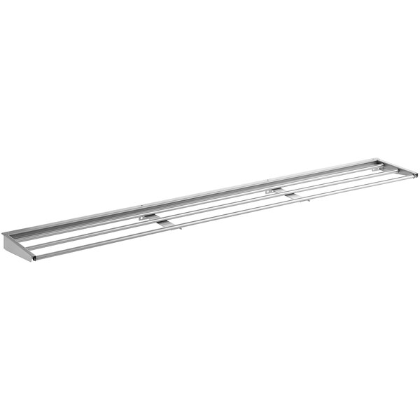 An Avantco stainless steel single tray slide rack with three metal bars.