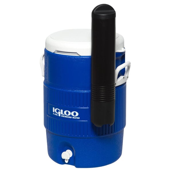 A blue and white Igloo water cooler with a black handle.