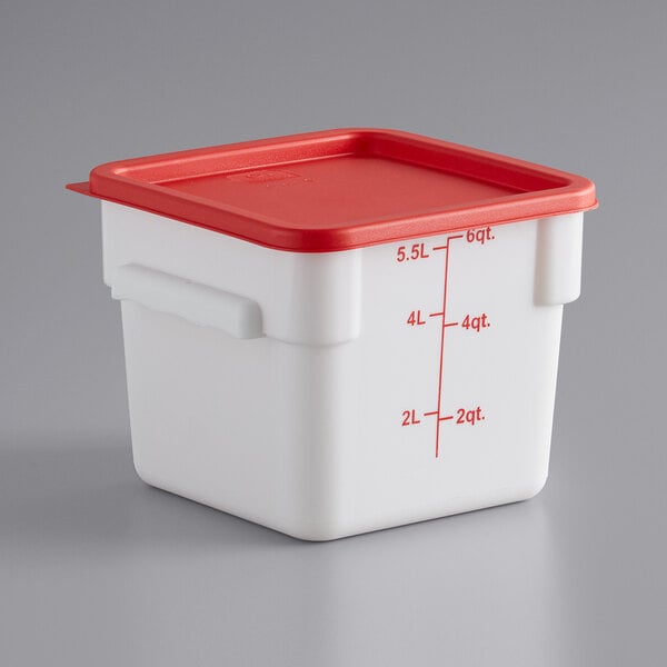A white square Choice food storage container with a red lid.
