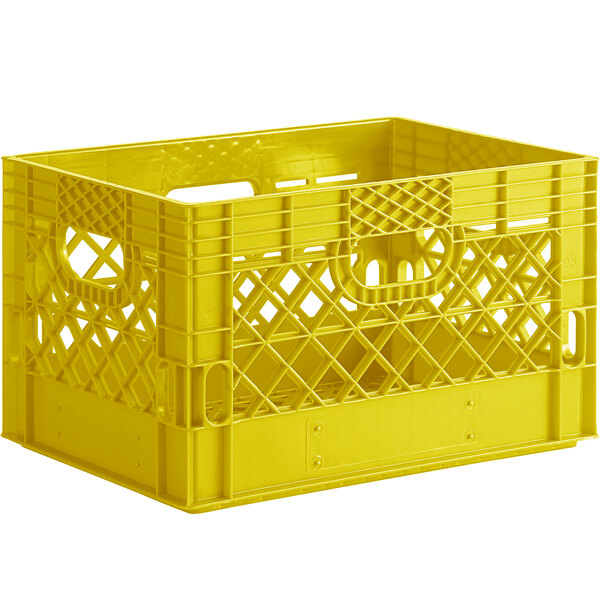 A yellow rectangular plastic milk crate with handles.