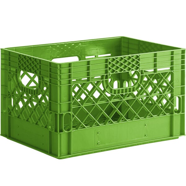 A lime green rectangular plastic milk crate with handles.
