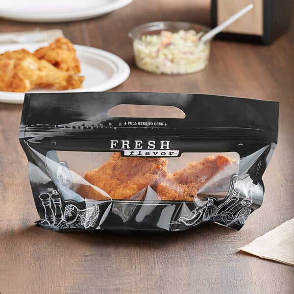 A plastic bag of "Fresh Flavor" fried chicken on a table.