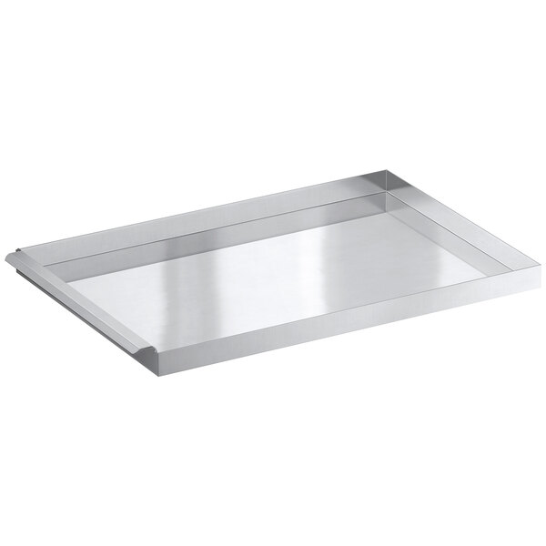 An Avantco stainless steel rectangular tray with a handle.