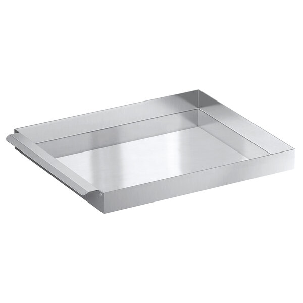 A silver rectangular stainless steel tray with a handle.