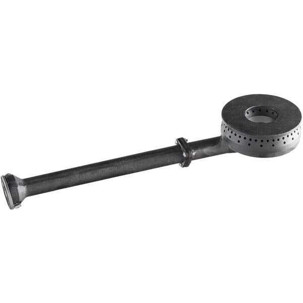 A black metal pipe with a circular black metal object on it.