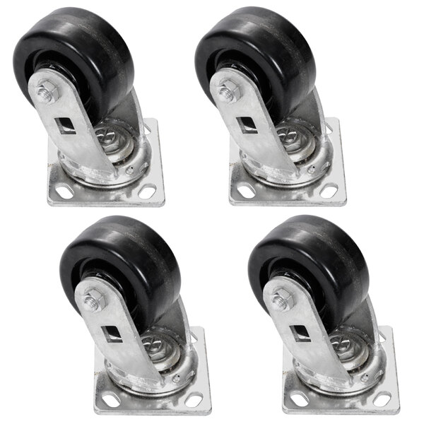 A set of 4 Bakers Pride casters with black rubber wheels.