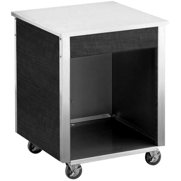 A black metal Vollrath cashier station with wheels and a door.