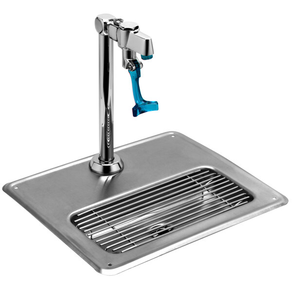A stainless steel Equip by T&S water station with a silver faucet and blue handle over a sink.
