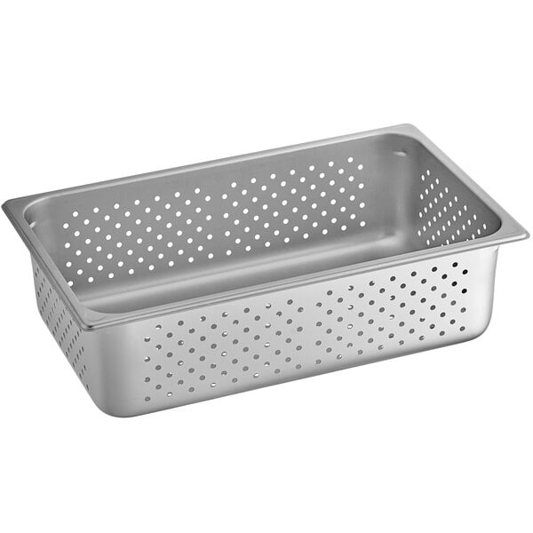 A Vigor stainless steel hotel pan with holes in the bottom.