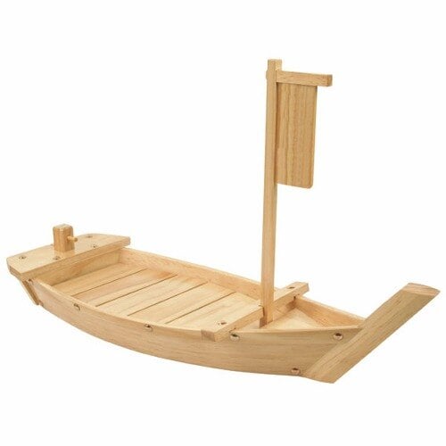A Thunder Group wooden boat serving display with a pole and flag.