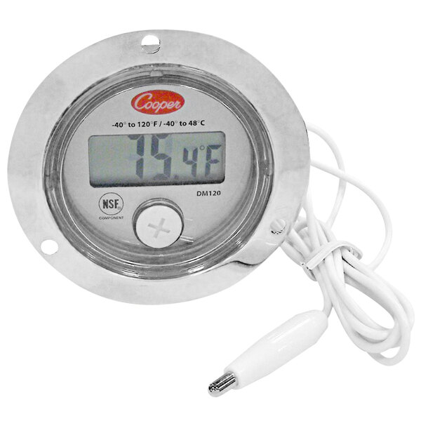 A Cooper-Atkins digital refrigerator/freezer thermometer with a white background and a wire.
