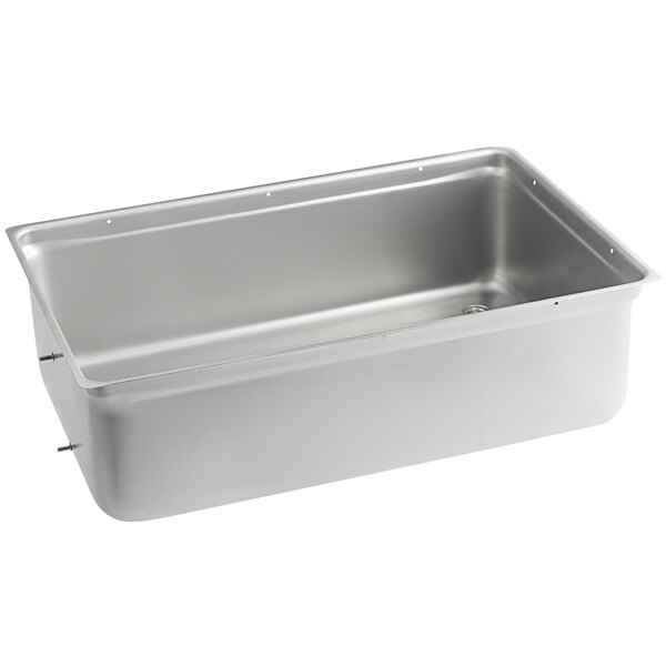 A stainless steel Vollrath pan insert with a drain in a silver metal container.