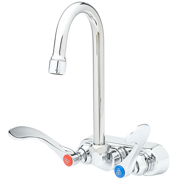 A chrome T&S wall mounted faucet with two wrist handles.
