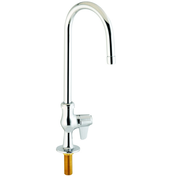 A silver Equip by T&S deck-mounted faucet with a gold lever handle.