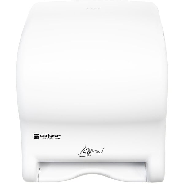 A white San Jamar hands free paper towel dispenser.