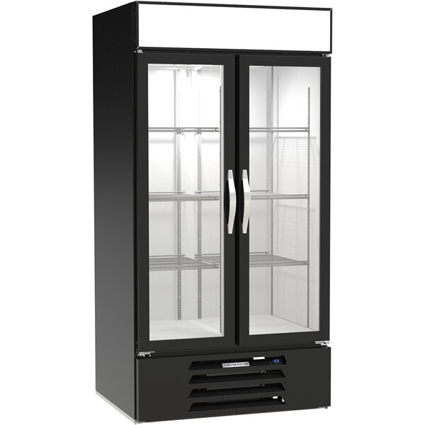 A black Beverage-Air MarketMax merchandising freezer with glass doors.