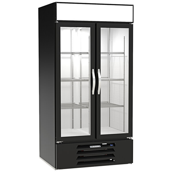 A black Beverage-Air MarketMax refrigerated merchandiser with double glass doors.