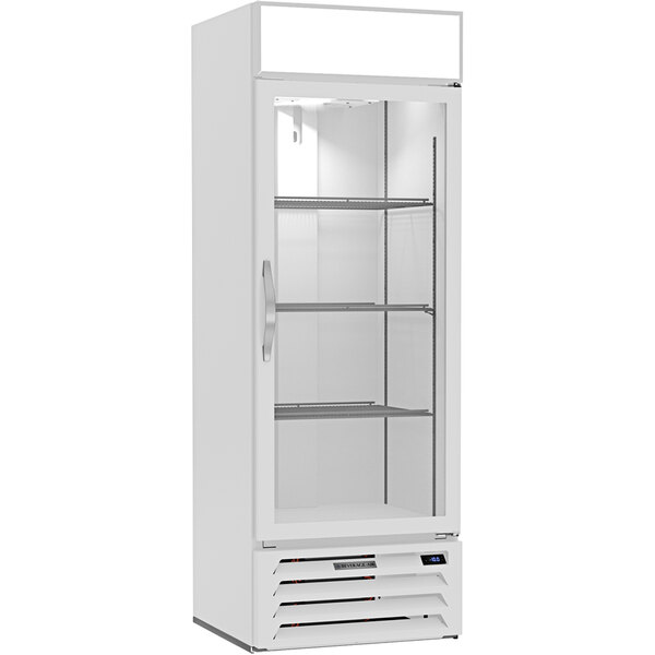 A white Beverage-Air MarketMax merchandising freezer with glass doors and shelves.