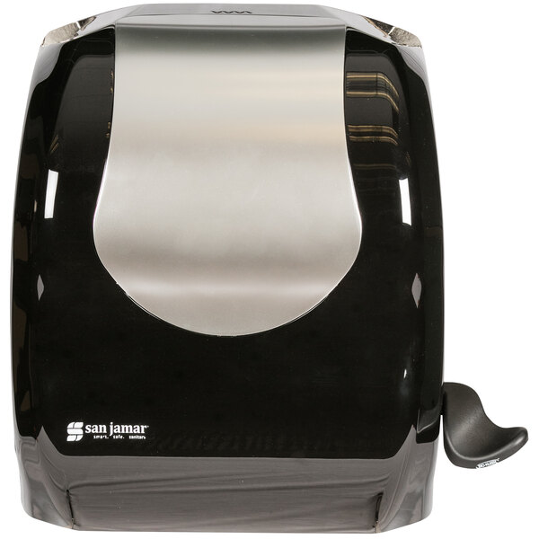 A black and stainless steel San Jamar Summit lever roll towel dispenser.