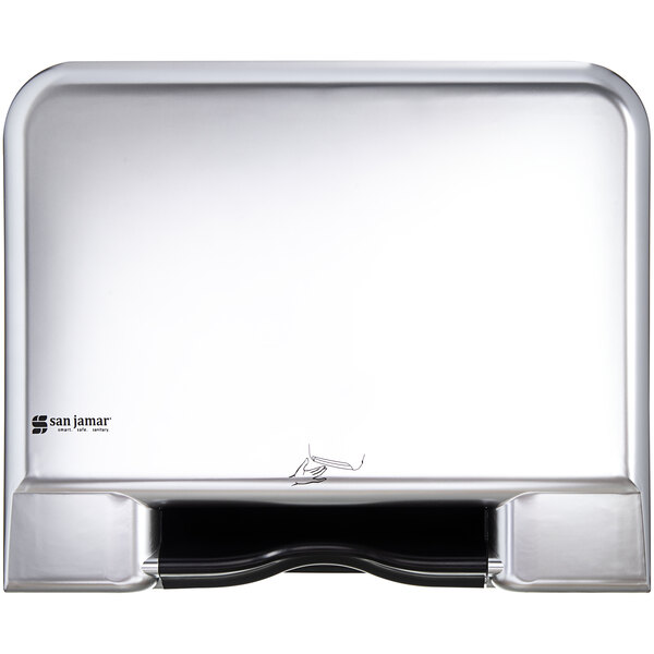 A stainless steel rectangular San Jamar hands-free roll towel dispenser with a black accent.