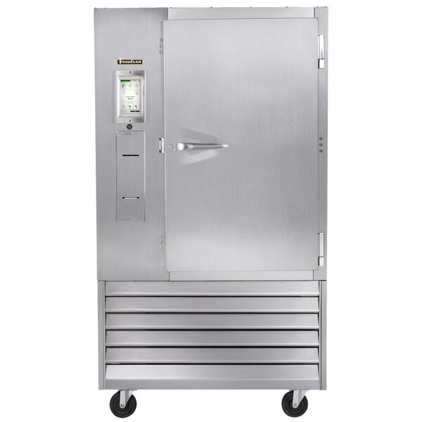 A Traulsen stainless steel commercial refrigerator with a right hinged door and wheels.