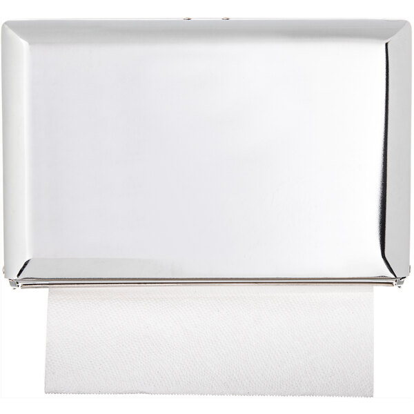 A chrome metal San Jamar singlefold towel dispenser with white paper towels.