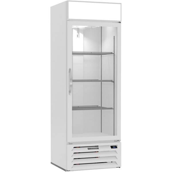 A white Beverage-Air MarketMax refrigeration unit with glass doors and shelves.