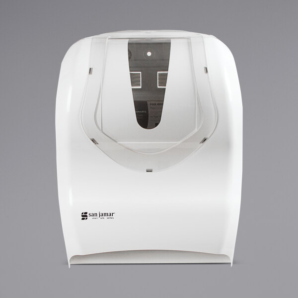 A white plastic San Jamar paper towel dispenser with a clear window.