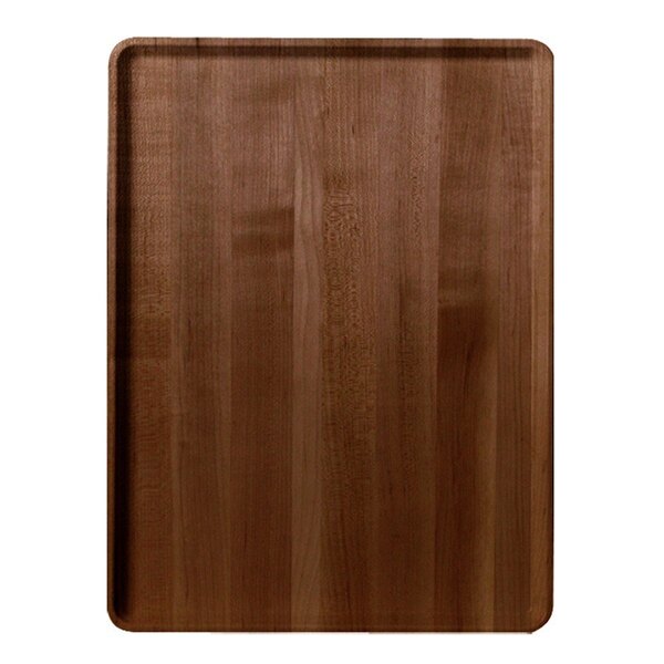 A Cambro Java Teak faux-wood fiberglass dietary tray with a wood surface.