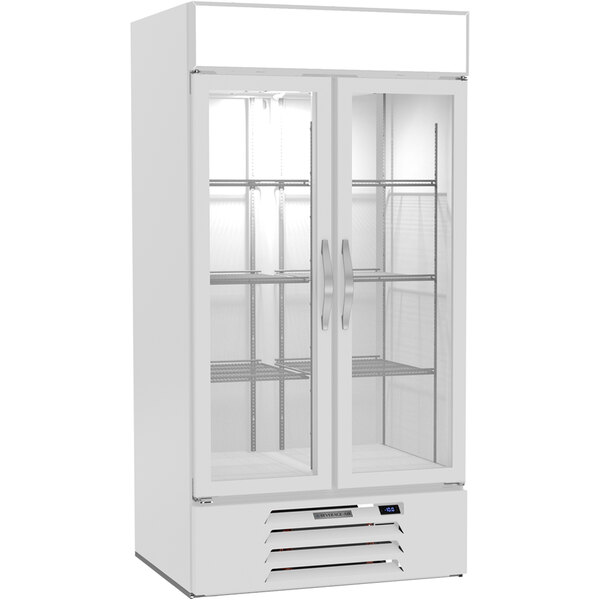 A white Beverage-Air MarketMax merchandising freezer with glass doors.