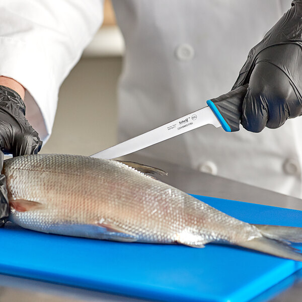 A person in gloves using a Schraf blue narrow stiff boning knife with a TPRgrip handle to cut a fish on a blue surface.