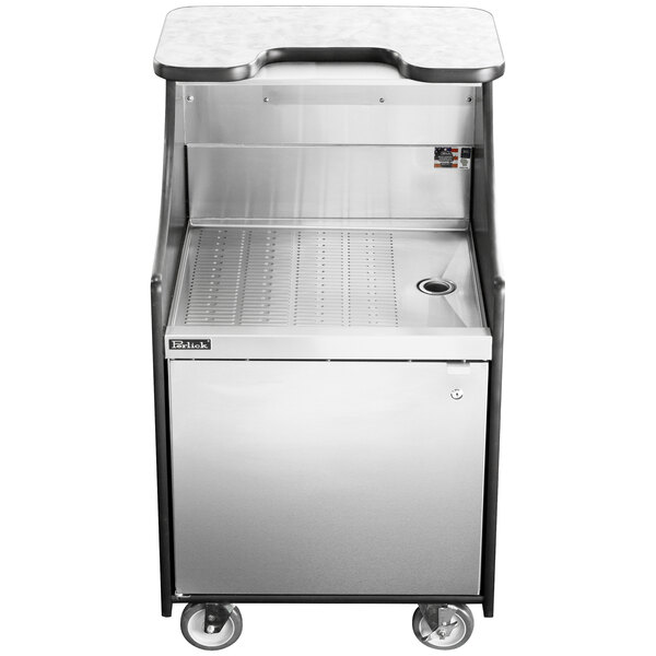 A Perlick stainless steel mobile storage cart with a drainboard and wheels.
