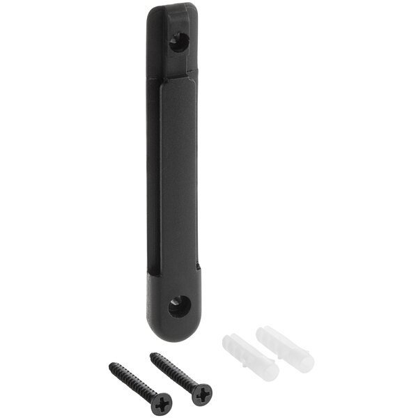 A black rectangular Lancaster Table & Seating wall bracket receiver clip with screws.
