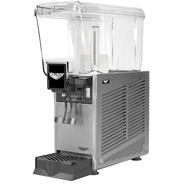 A silver and black Vollrath refrigerated beverage dispenser with a clear container and lid.
