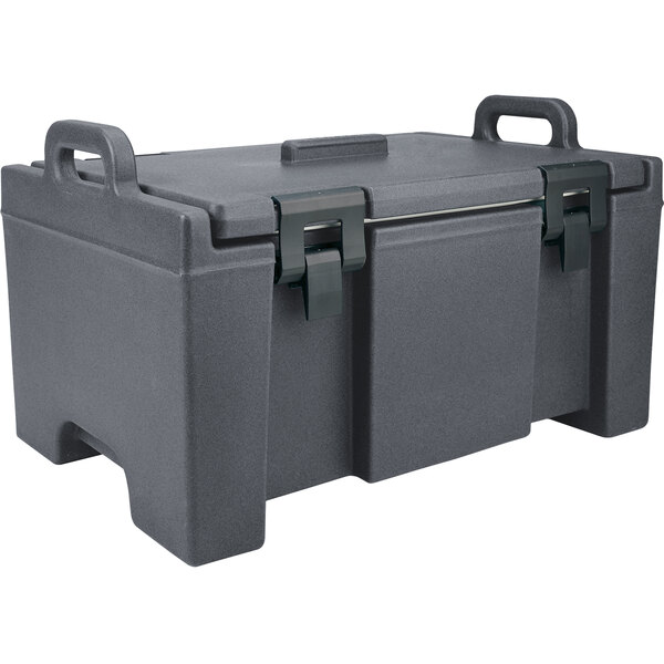 A granite gray Cambro top loading food pan carrier with handles.
