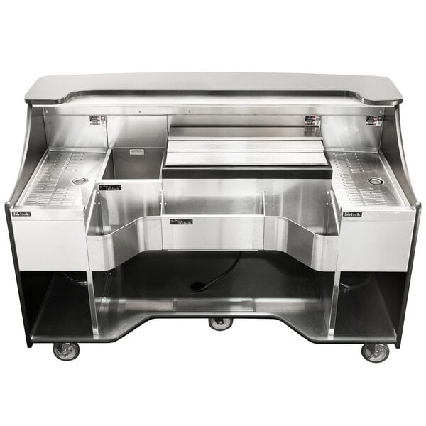 A stainless steel Perlick mobile bar with ice chest and drawers on wheels.