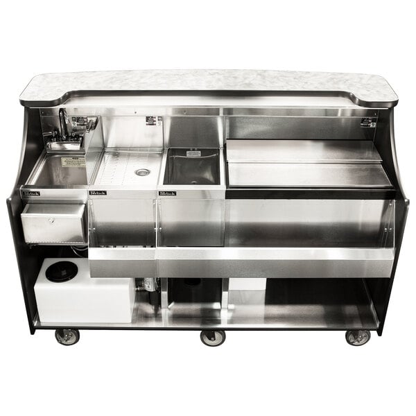 A Perlick stainless steel mobile bar with sink and ice chest.