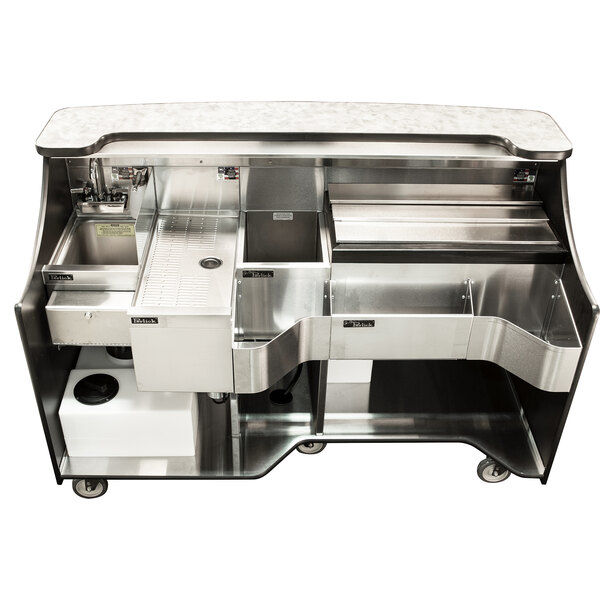 A Perlick stainless steel mobile bar with a sink and ice chest on a counter.